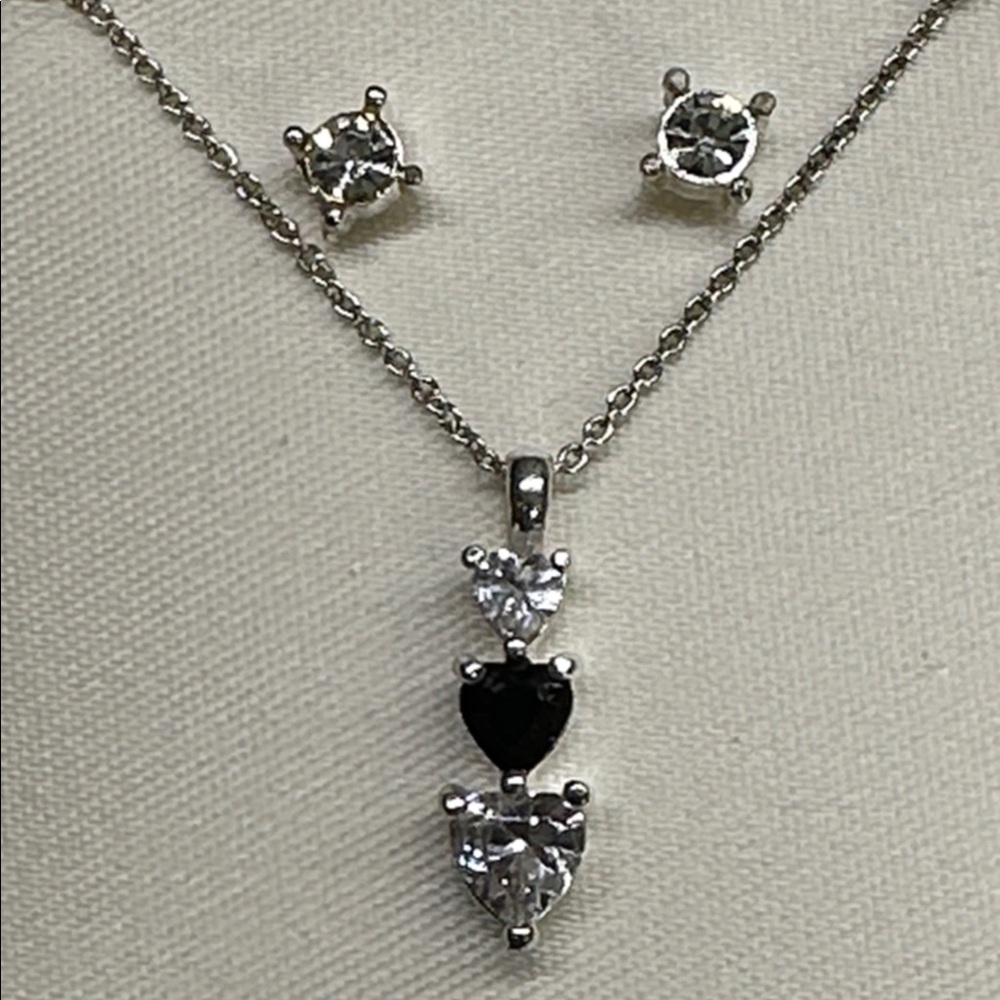 RMN Roman Triple Heart CZ Pendant Necklace & Matching Post Earring Set